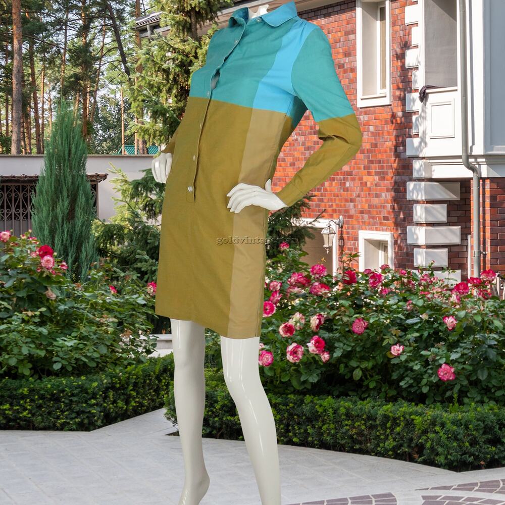 I Magnin 70s Vintage Chambray Color Block Mod Shirt Dress M
